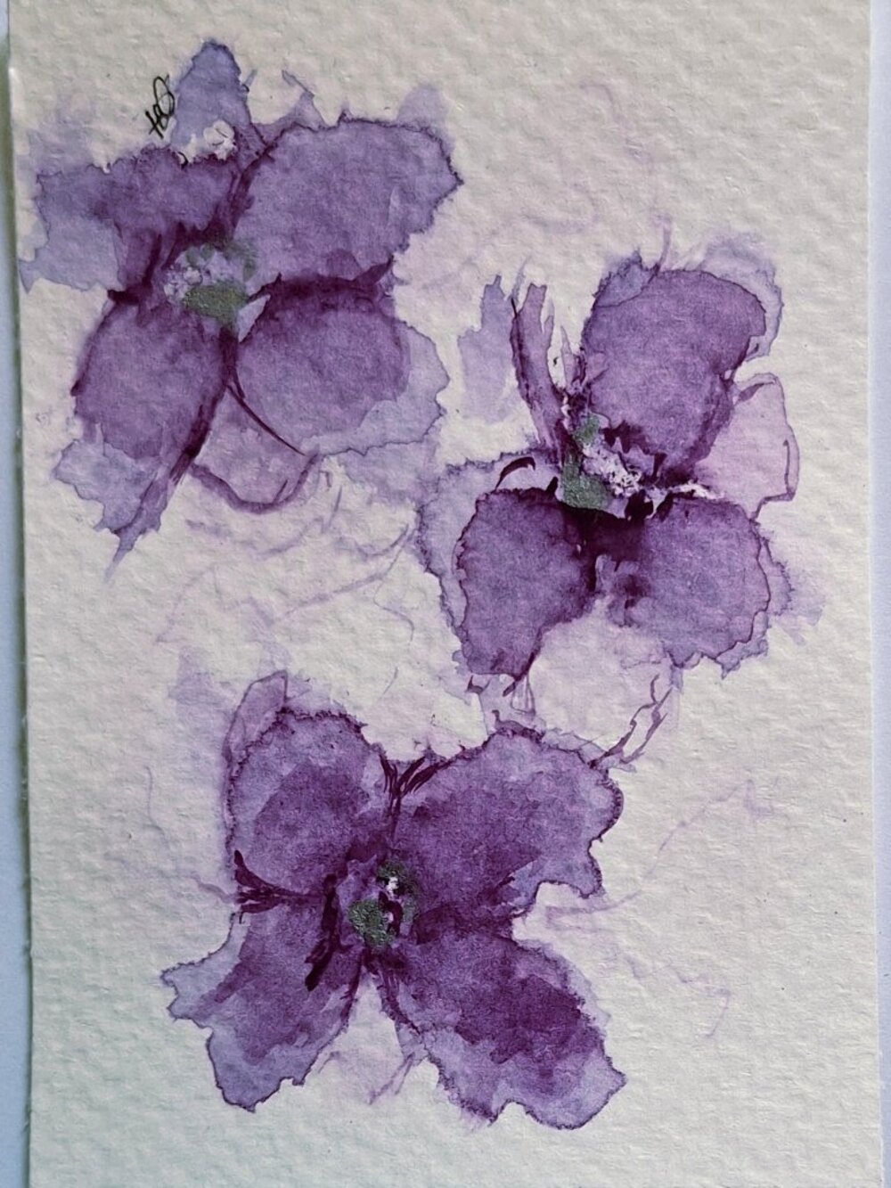 Original ACEO Watercolor Purple Floral with Silver Accents OOAK Ships Free